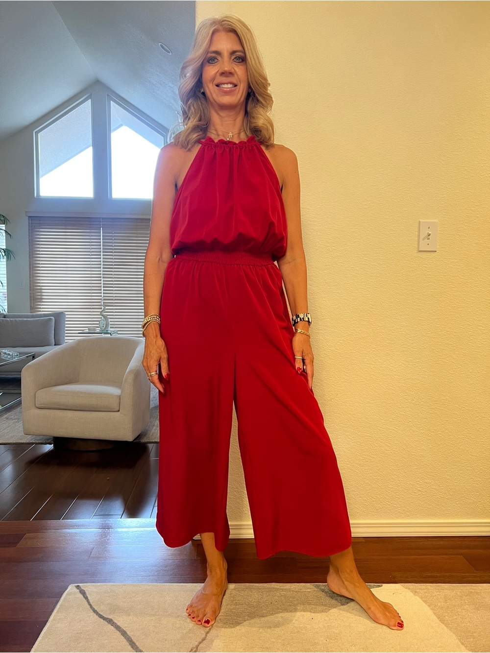 London Times Crimson Halter Wide-Leg Jumpsuit
